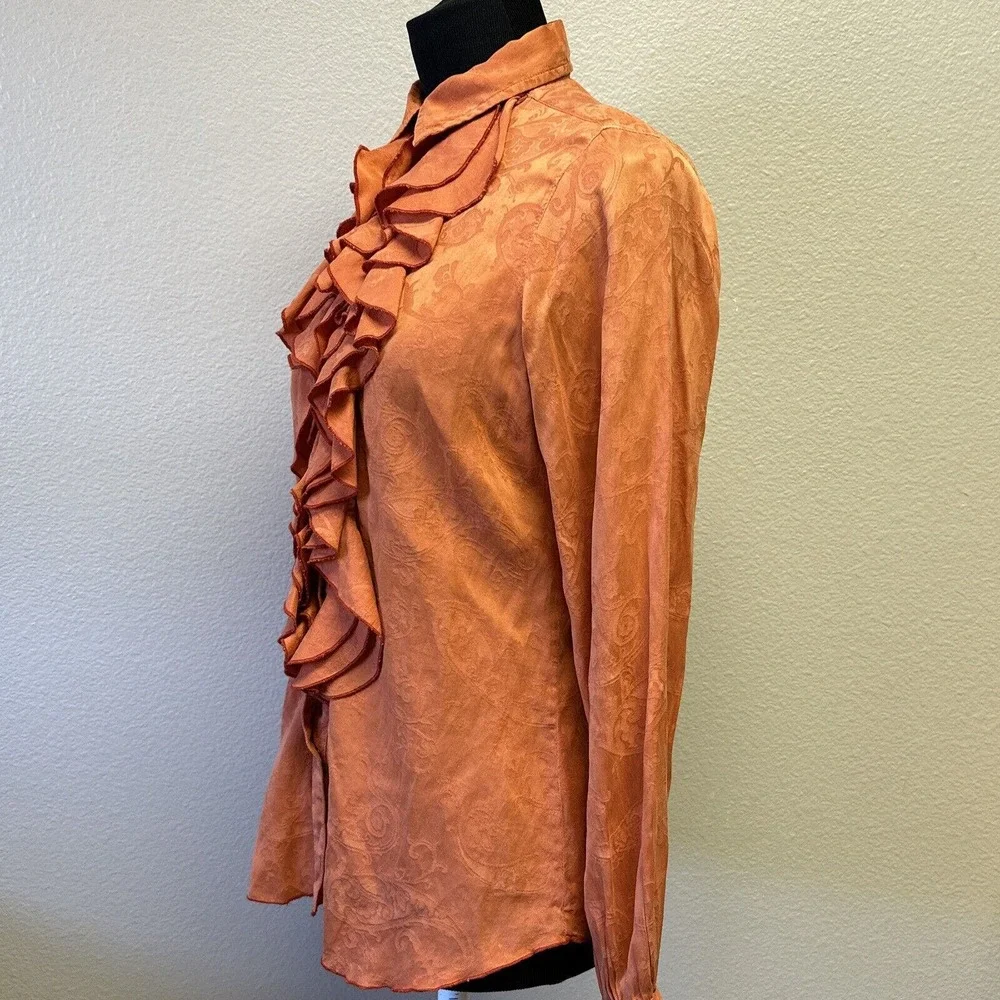 Ryan Michael Small Western Silk Cotton Orange Long Sleeve Ruffle Blouse Top - Picture 4 of 13